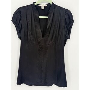 Kenneth Cole New York Black Satin Pintuck V Neck Short Puff Sleeve Blouse Top L